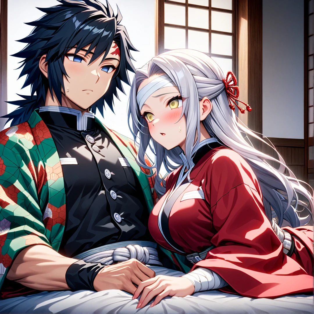 Ultra detailed, high resolution, absurd, HDR, masterpiece, anime girl and boy, beautiful woman (with long white hair with deep red streaks, girl (with yellow eyes), the girl (is wearing a red haori), uniform demon slayer black, Kimetsu No Yaiba, fantasy, handsome, Tomioka Giyu, Hashira, Tomioka is a gentle hug, couple, romantic, inside a Japanese house, best quality, extremely detailed face, love, romance, anime, the girl is lying with her head on Tomioka's sholder, she is tired but happy, he is watching her sleeping, Tomioka is a strong man