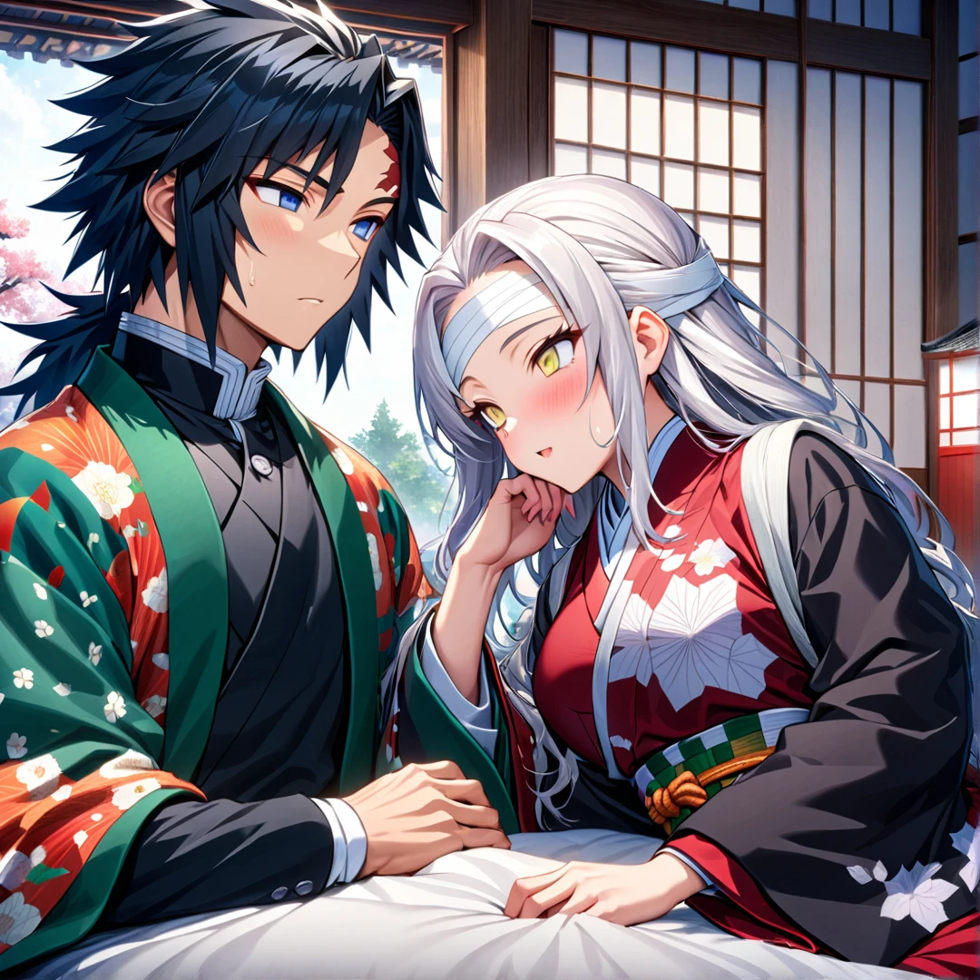 Ultra detailed, high resolution, absurd, HDR, masterpiece, anime man and woman, beautiful woman (with long white hair with deep red highlights, woman (with yellow eyes), haori, wearing anime uniform demon slayer body, Kimetsu No Yaiba, handsome Tomioka Giyu, Hashira, Tomioka lying hurt in bed, Tomioka has a bandage on his forehead, couple, Japanese house, best quality, extremely detailed face, anime, the girl is looking at Tomioka, she stays by his side, the girl have white hair with red highlights, Tomioka have more bandages then the girl