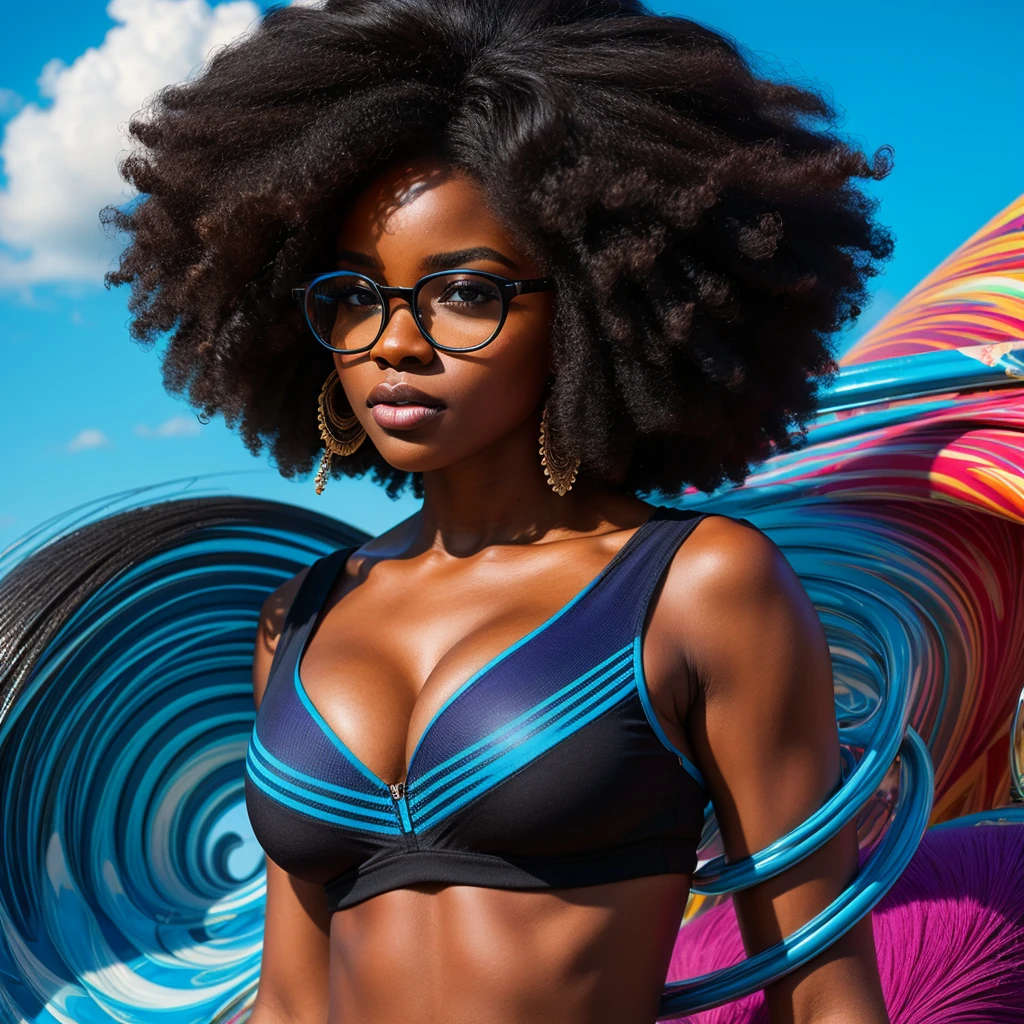 Beautiful black woman with afro hair for advertisement of stylish glasses with sky blue frames, swirly vibrant colors, hyper realistic art in 4k, hyper realistic hair