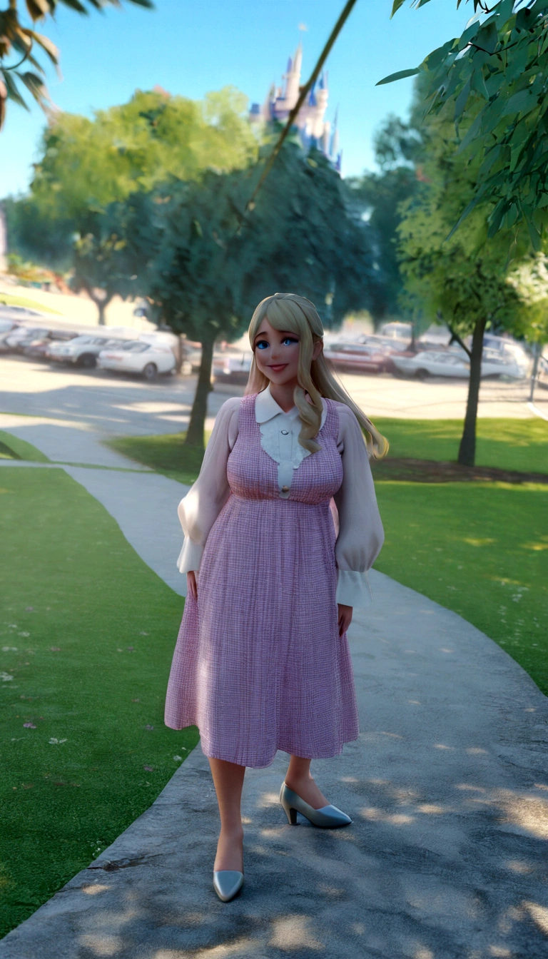 A 3D Disney Pixar movie cover, in the image a girl with blonde hair, wearing a pink dress and high heels, the scene the girl walks on a road in paradise full of flowering trees and a castle in the background. The one is smiling. (Disney pixar 3d) (highest quallity) (