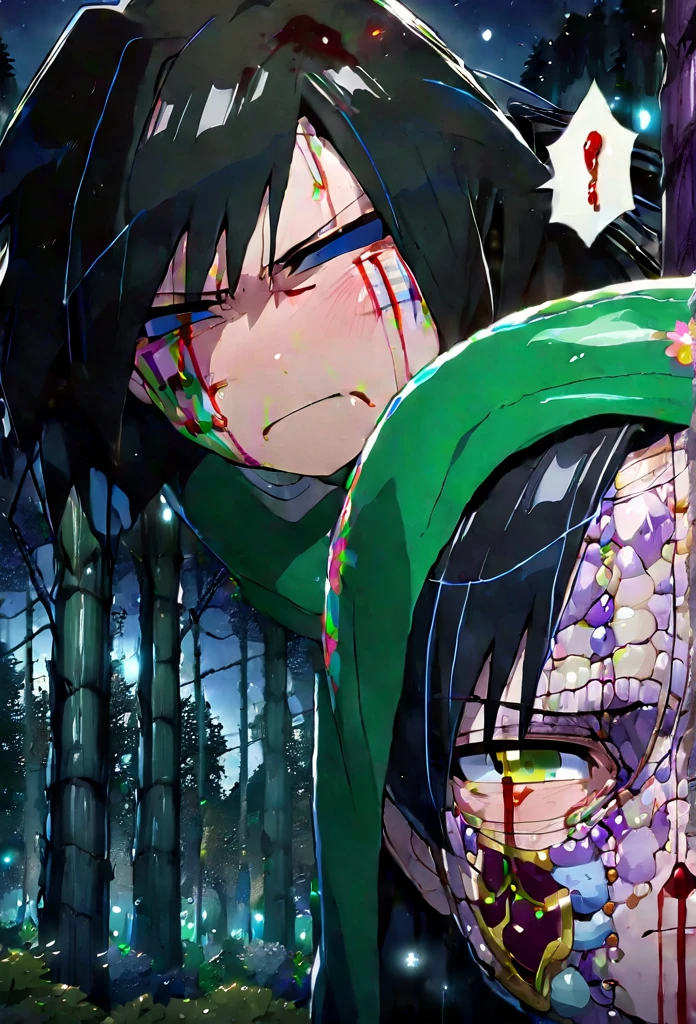 Ultra detailed, high resolution, absurd, HDR, masterpiece, anime girl and boy, beautiful woman (with long white hair with deep red streaks, woman (with yellow eyes), the woman (is wearing a red haori), in black demon slayer corps uniform, Kimetsu No Yaiba, fantasy, handsome, Tomioka Giyu, Hashira, Tomioka is serious, couple, night, forest, best quality, extremely detailed face, anime, the girl is really hurt, the girl is covered in blood , Tomioka is a strong man, Tomioka is trying to protect the pretty girl,