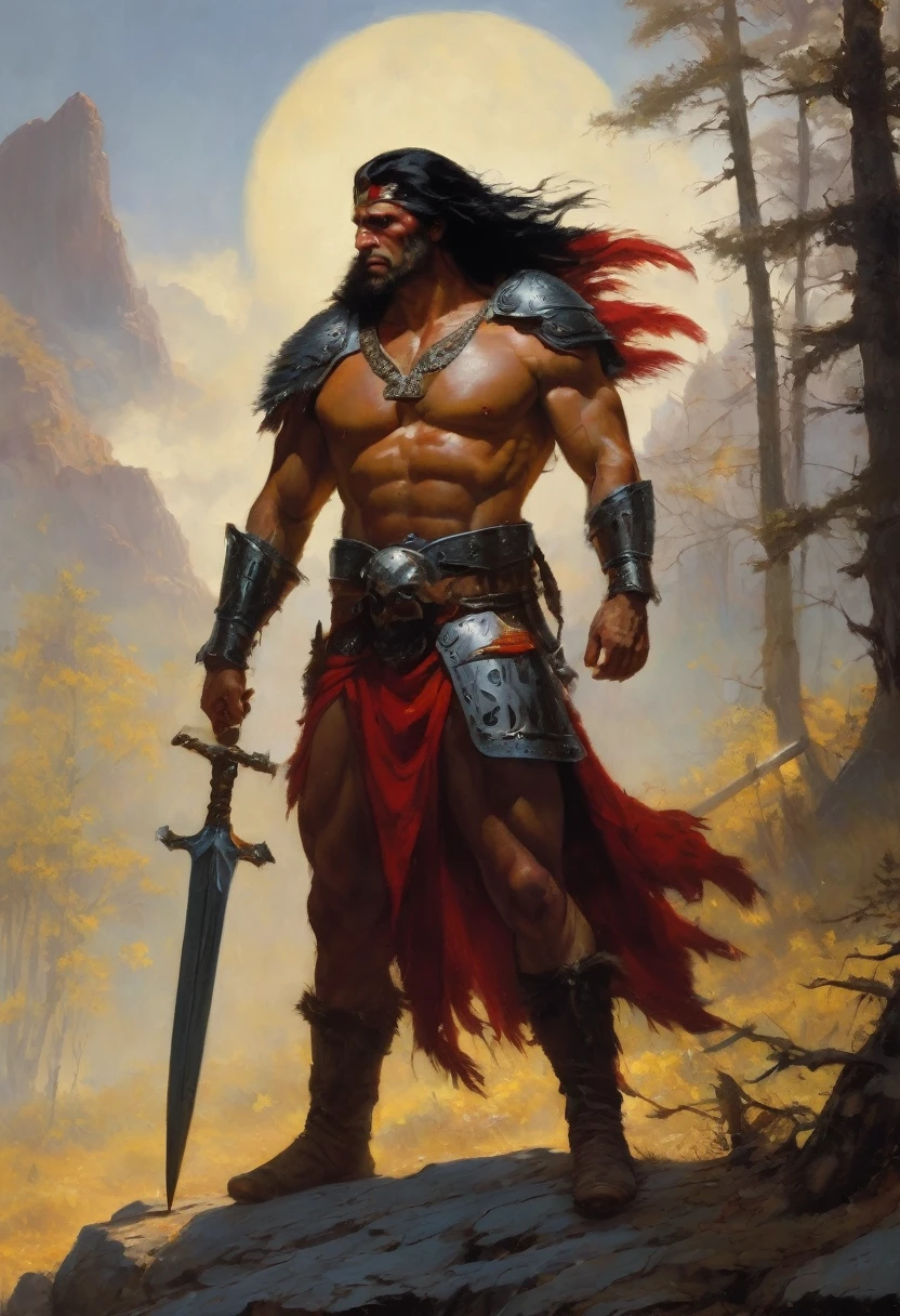 (Painting by Frank Frazetta),(Inspired by Frank Frazetta:1.2),Fantasy Theme,(oil painting),brave giant,((Long floating black hair adorned with red feathered eyes.,Shiny skin,very naked,strong,stalwart,handsome,(I have long red hair.),have a tattoo, body,boots,Cold weapons,Forest place background with spear,Skulls and crossbones were scattered all over the field.,.,(battle scene:1.1),((epic:1.1)),(grand and solemn:1.1),((atmosphere of fear)),Giants fight hyenas and lions from outer space.,(Masterpiece),(best quality:1.2),official art,(Very detailed CG unity 8k wallpaper.),(realistic:1.4),Ultra high resolution,close up,with giant as the main body,low voice,dark light,Cinema-grade lighting,The light is dim.,Heavy shadow,alone,