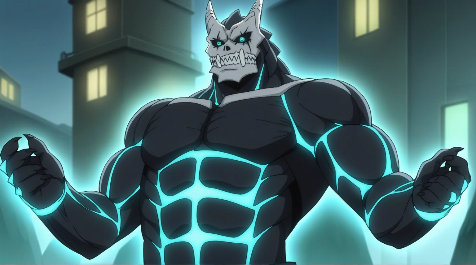 score_9,score_8_up, score_7_up, source_anime, BREAK
outdoors,
kafkakaiju, 1boy, solo,glowing, glowing eyes, horns, sharp teeth, armor, aqua eyes, muscular male, looking at viewer, neon trim, black sclera, standing, claws, spikes, black body,
anime screencap, anime coloring, official art, muscular, lobo, the second, large pectorals, venous muscles, Huge muscles, flexing