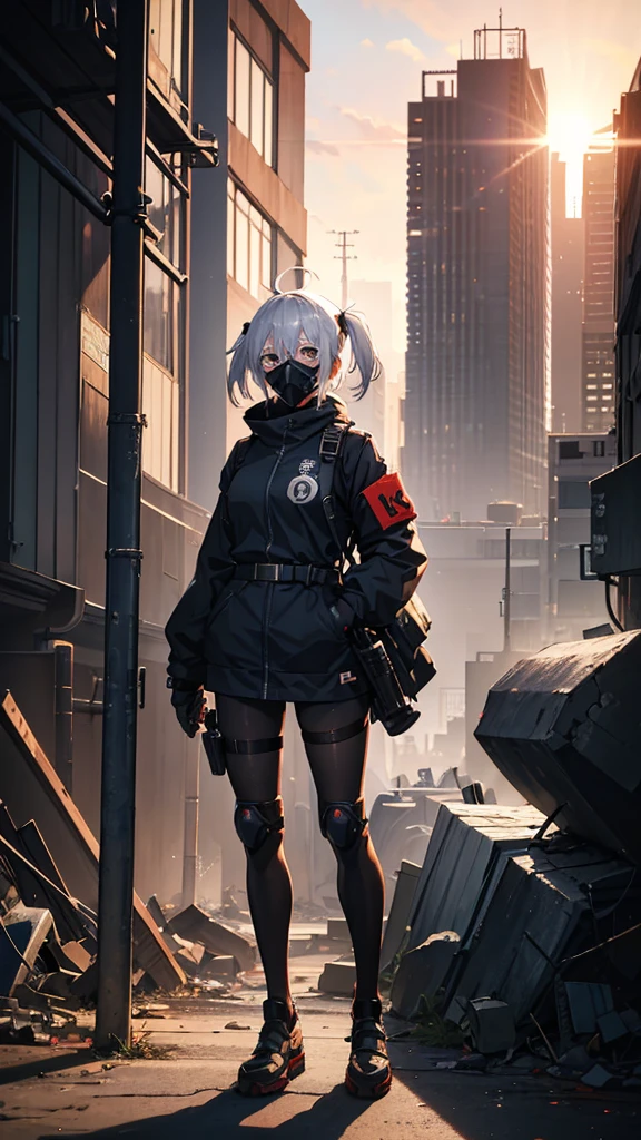 
a 20 year old girl, from the anime jujutsu kaisen, full body, from head to toe, short white hair, one eye blue and the other brown, with a detailed gas mask on her face, beautiful, full body, with a sniper, with a destroyed city in the background at sunset