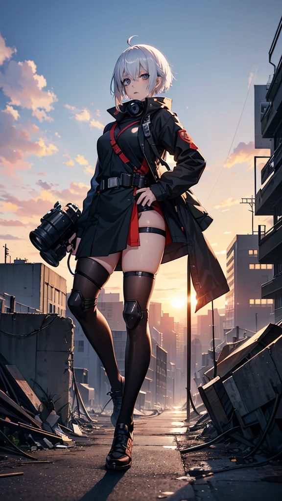 a 20 year old girl, from the anime jujutsu kaisen, full body, from head to toe, short white hair, one eye blue and the other brown, with a detailed gas mask on her face, beautiful, full body, with a sniper, with a destroyed city in the background at sunset
