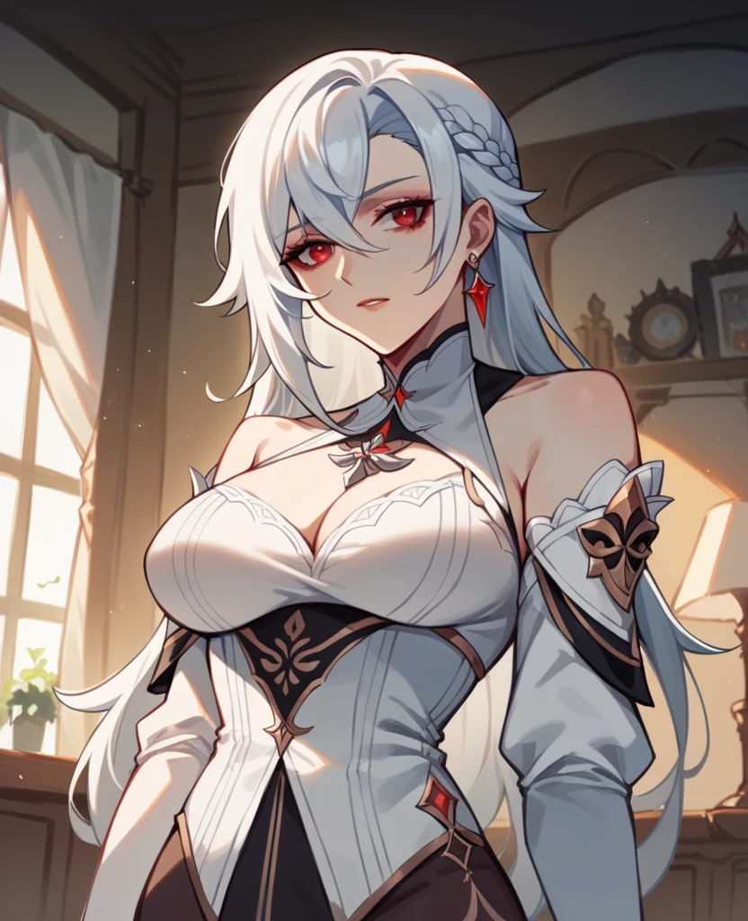 {{upper body, Dutch angle}} {{Artist: sincos}} {{arlecchino (genshin impact)}} 1 girl, mature woman, white hair, long hair, red eyes, living room, standing, medieval fantasy.