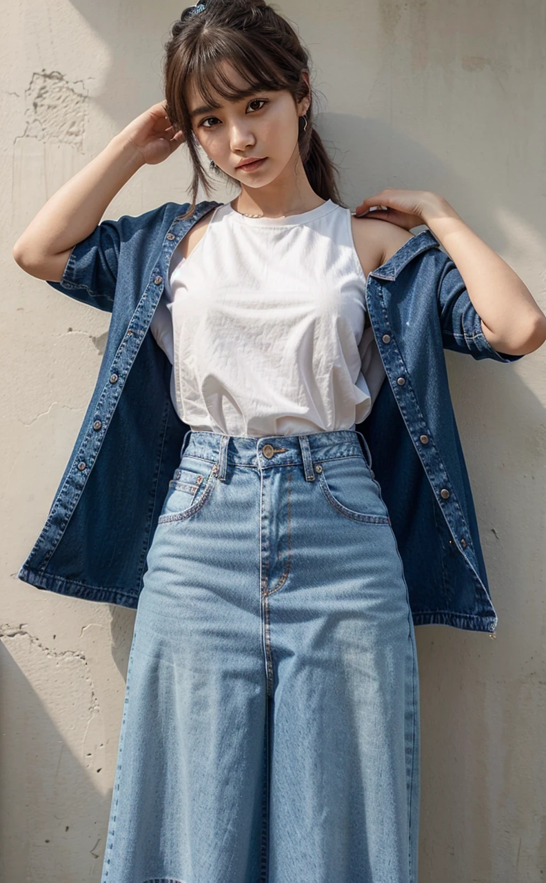 Cewek cantik rambut ungu baju jeans depanya tulisan the queen's of bangtan pake rok 