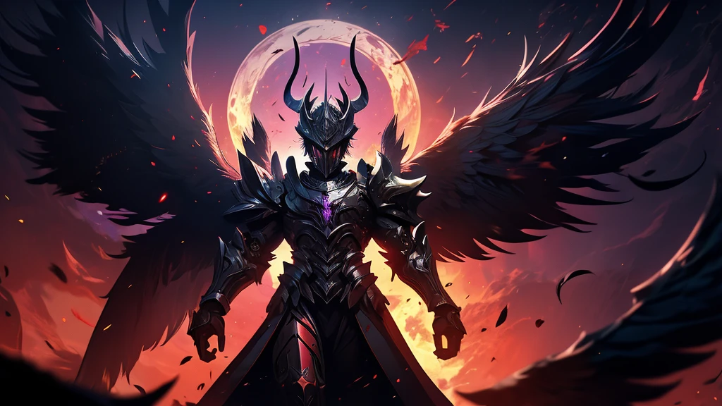argus, red wings with black, fire wings, black armor with red edges, mythical sword, scene in crimson forest, escenario luna de blood, fire in the face, aurora of fire, purple background, fire in the wings, blood, luna de blood, blood en las alas, ultra hd, high quality, maximum quality,