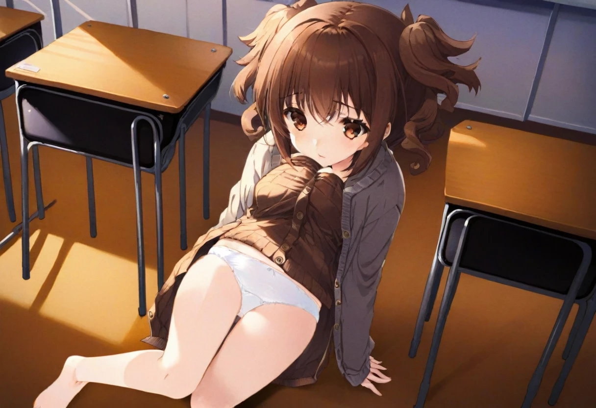 highest quality,((2 girls:1.5)), (cardigan)、eight-headed body, Put your knees on your chest:1.5, ((high )), ((classroom:1.5)), (White panties:1.5), Brown hair