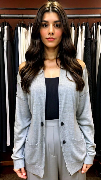 photograph of a woman, (facial expression would be), brunette skin, long curly dark brown hair, vestimentas: Black Suit, perfects eyes, 16O support, in a professional work room whose room is white