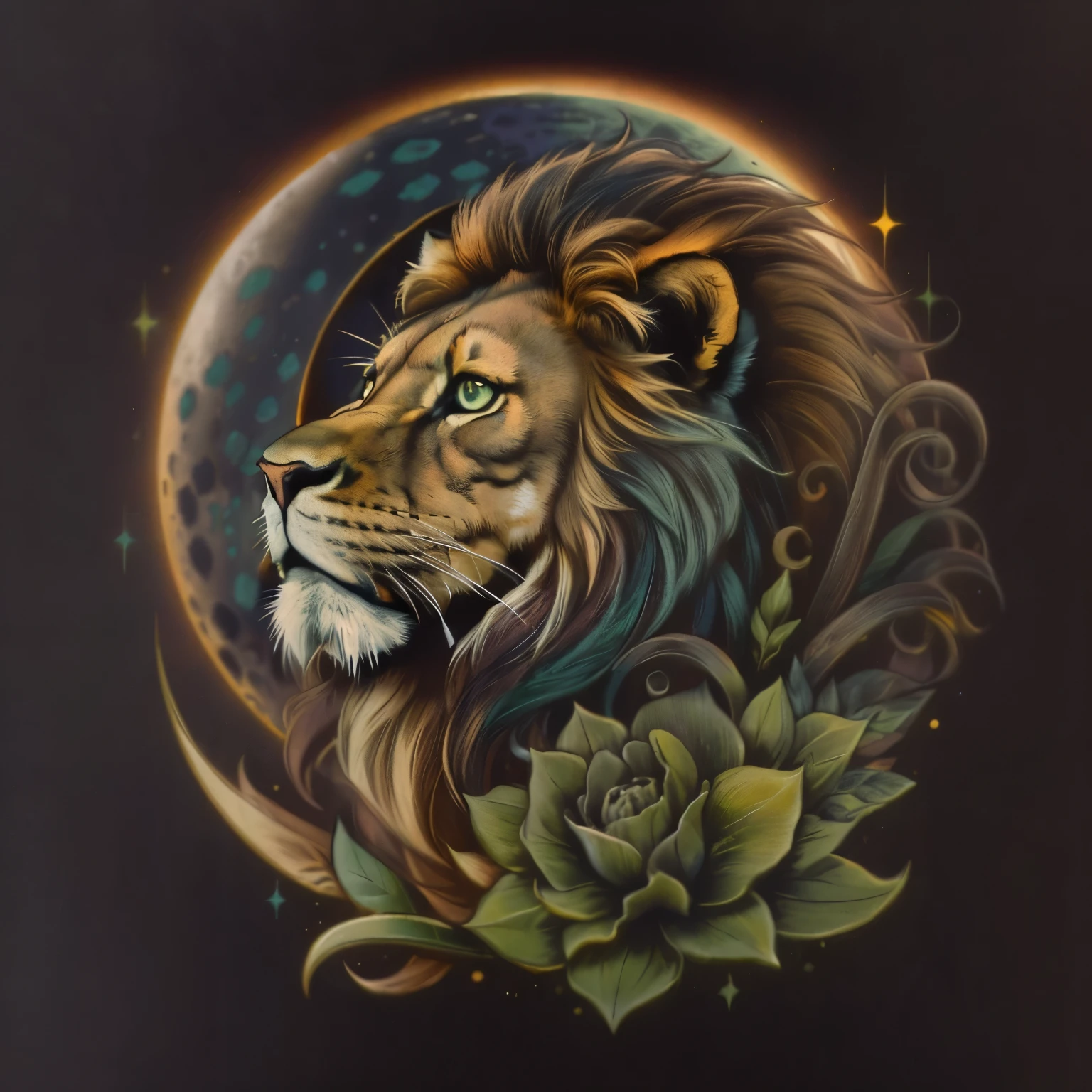 A brown lion with green eyes,navy blue moon 