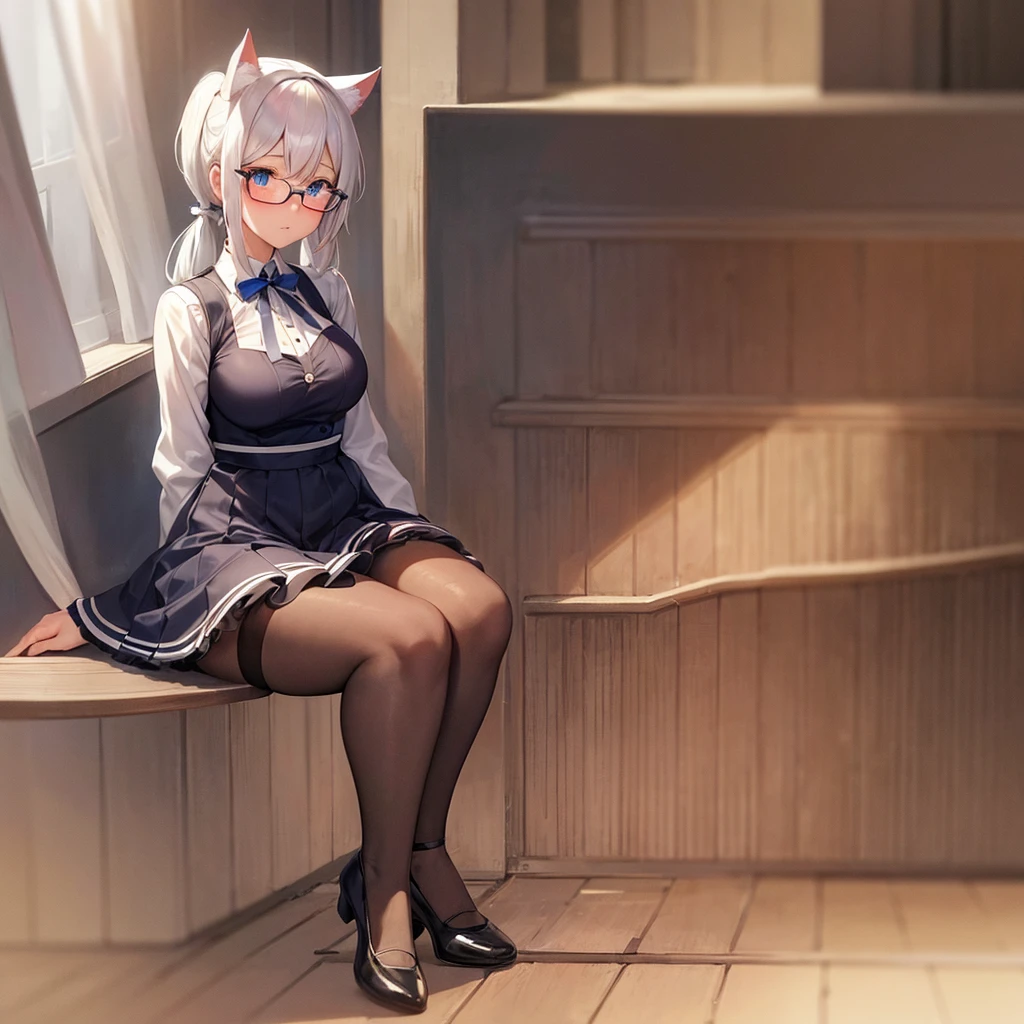 adult anime girl, white hair pigtails, ribbons, blushing, blue eyes, cat ears, 8k, high res, 1 girl, good lighting, fine detail, glasses, (masterpiece), perfect face, best quality, looking at viewer, full body thick, sitting