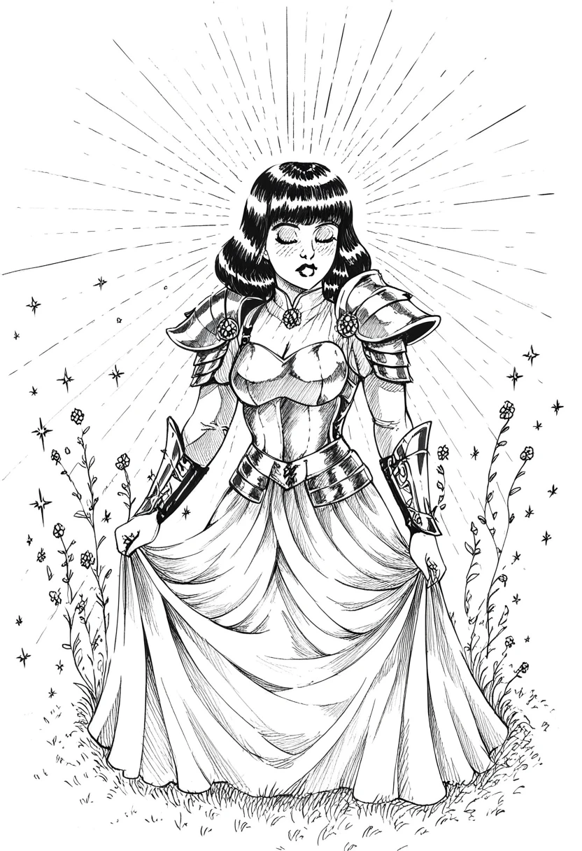 score_9, score_8_up, score_7_up, 1girl, sp1t, abundant detailed hatching shading, monochrome,best quality, high resolution, clean background, blunt bangs, straight hair, hime cut, A medieval female knight in luminous armor, (Luminescent armor:1.3), glitter with gold,