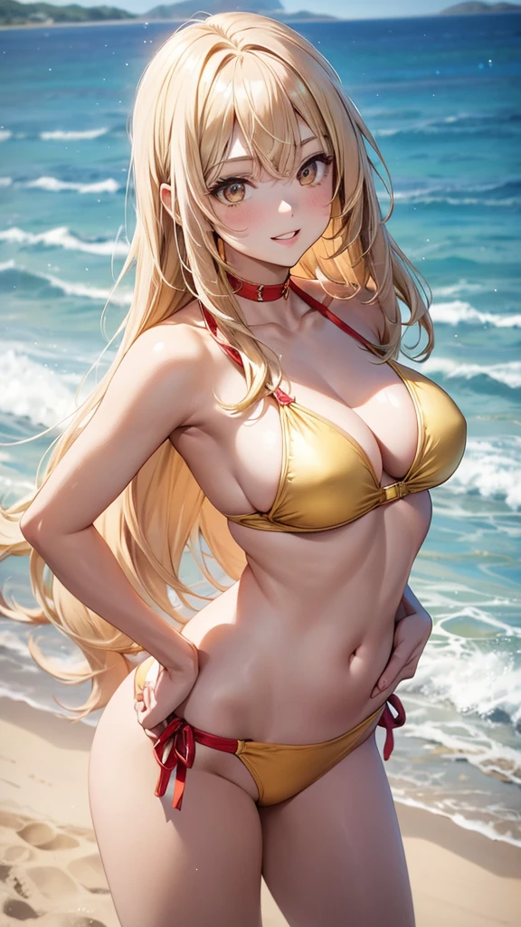 1girl, solo, bangs, long blonde hair, parted lips, medium breast, gold eyes, long hair, smile, solo, two piece red halter swimsuit, sandy pier background, hands on the hips 