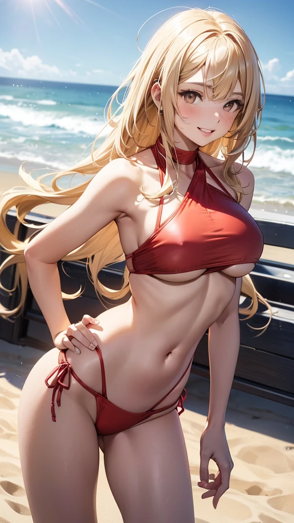 1girl, solo, bangs, long blonde hair, parted lips, medium , gold eyes, long hair, smile, solo, two piece red halter swimsuit, sandy pier background, hands on the hips 