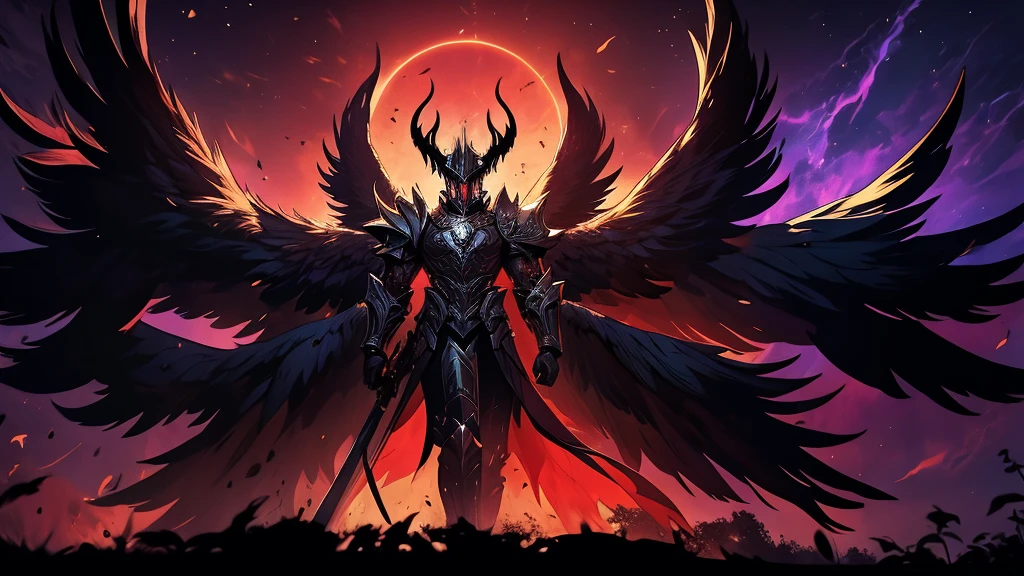 argus, red wings with black, fire wings, black armor with red edges, mythical sword, scene in crimson forest, escenario luna de blood, fire in the face, aurora of fire, purple background, fire in the wings, blood, luna de blood, blood en las alas, ultra hd, high quality, maximum quality, Fallen Angel,