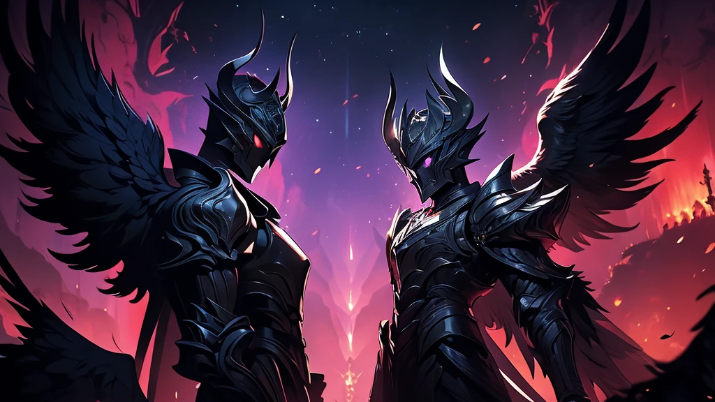 argus, red wings with black, fire wings, black armor with red edges, mythical sword, scene in crimson forest, escenario luna de blood, fire in the face, aurora of fire, purple background, fire in the wings, blood, luna de blood, blood en las alas, ultra hd, high quality, maximum quality, Fallen Angel, 