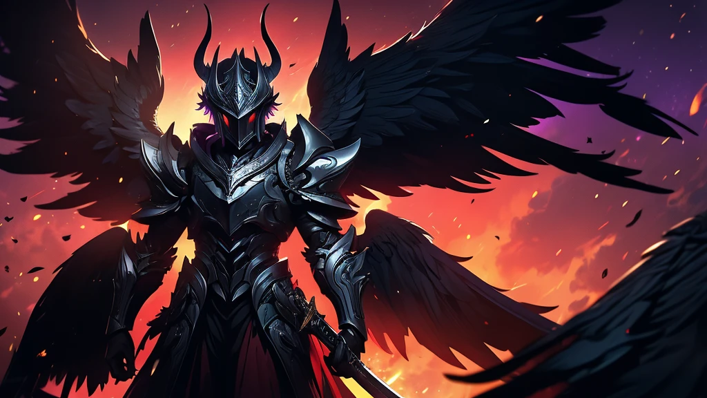 argus, red wings with black, fire wings, black armor with red edges, mythical sword, scene in crimson forest, escenario luna de blood, fire in the face, aurora of fire, purple background, fire in the wings, blood, luna de blood, blood en las alas, ultra hd, high quality, maximum quality, Fallen Angel,