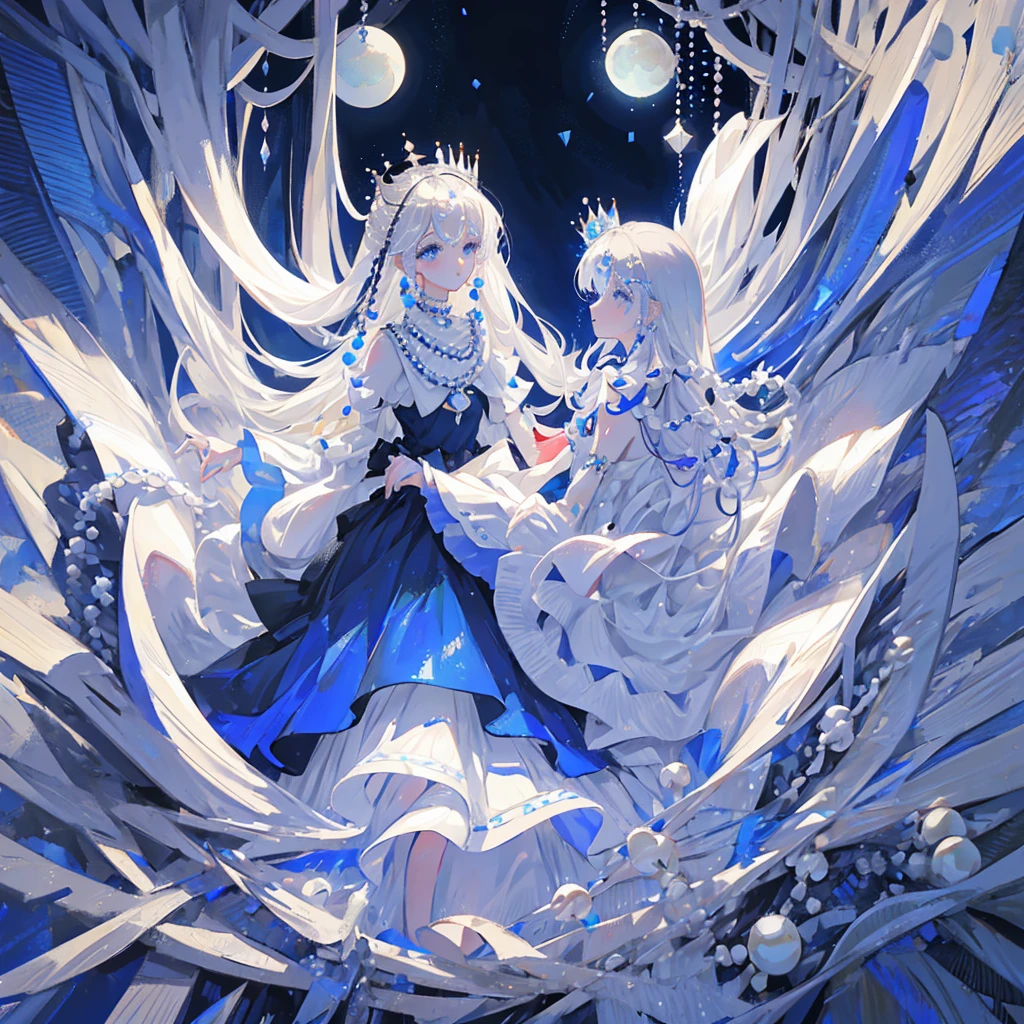 Princess, long shiny Silver hair fading into a royal
blue colour with pearls, two bows on the head one
having a moon in the middle having pearls at the
edges, a dark blue dress covered in pearls, a moon
on the torso piece, two dark blue Hand accessories
being with pearls, and soft expression, an crown
on the head with pearls and a moon in the middle,
pearls hanging from the clothingcrown out of pearls, eyes royal blue very Detailed,
waistbow out of pearls, diamonds making everything
shine, shiny Silver long hair fading into and royal blue
color, Black dress with diamonds in the corner of the
dress