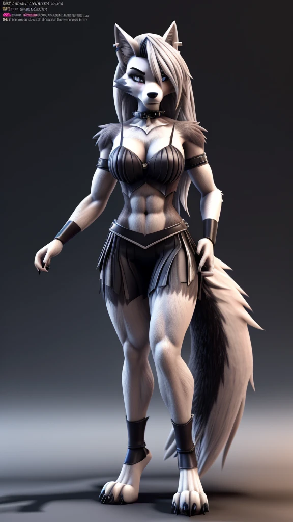 Loona from Helluva Boss, female wolf, anthro, white hair, grey eyes, mature adult, tall, muscular, fluffy body, design based on Monster Girl Encyclopedia Hellhound, based of Hellhound (Monster Girl Encyclopedia), standing, serious, detailed, solo, beautiful, high quality, 4K, 3D, Unreal Engine 5, clear background