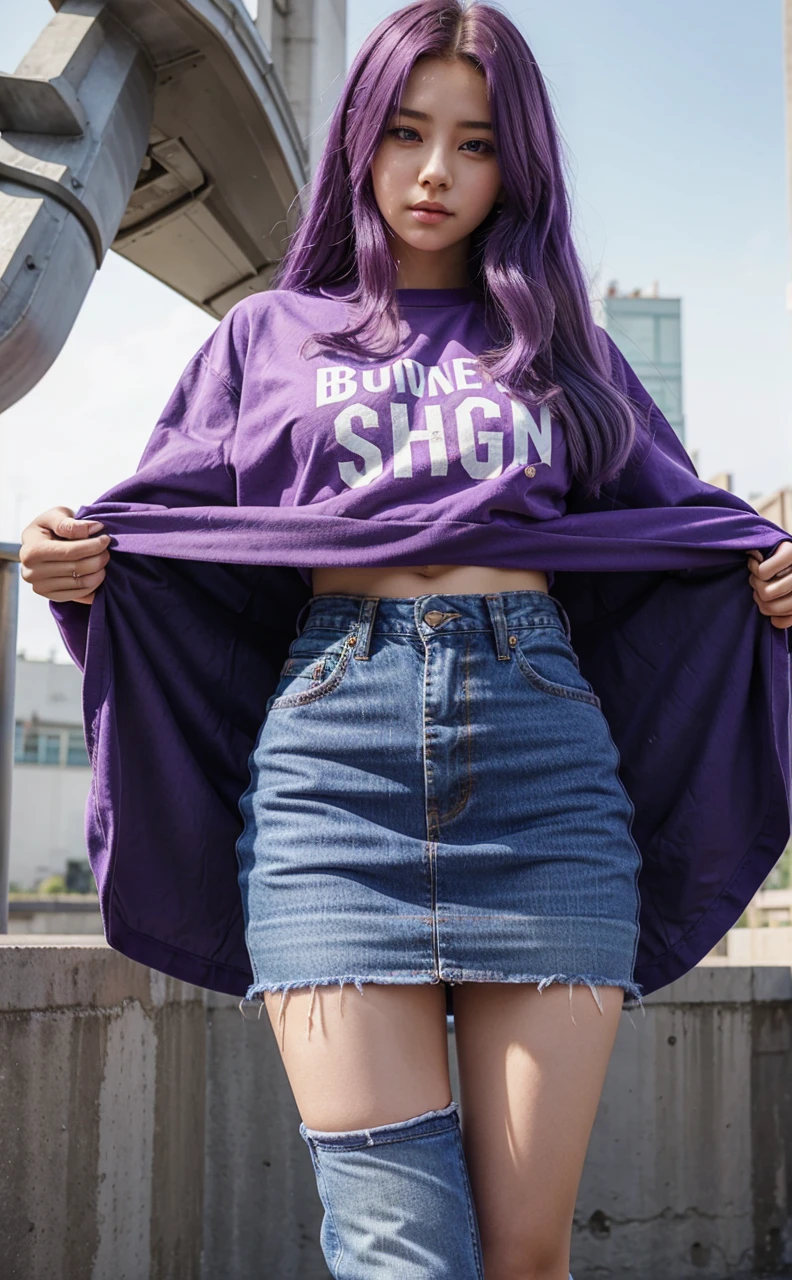 A beautiful girl with purple hair wearing jeans in front of the words The Queen's of Bangtan is wearing a skirt  