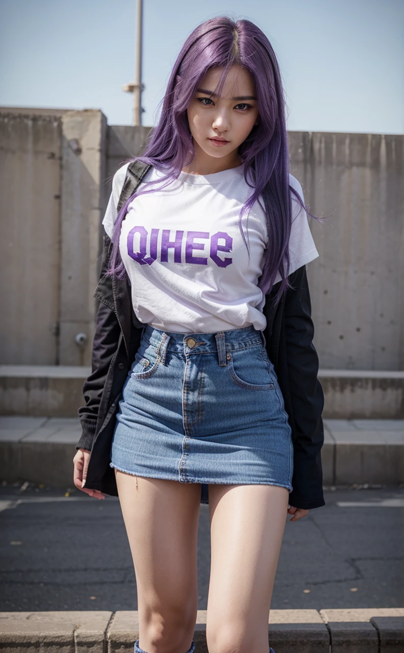 A beautiful girl with purple hair wearing jeans in front of the words The Queen's of Bangtan is wearing a skirt  