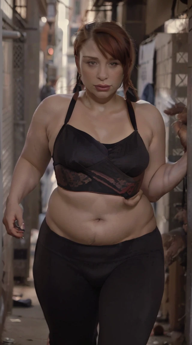 ((Nighttime - dark sky) - outside - quiet Indonesian neighborhood - near the housing complex security guard post), ((bryce dallas howard), very beautiful 40 yo fleshy Milf, slim waist, (fair complexion), very beautiful, red hair with bangs tied-back in ponytail, (micro-sportsbra:1.55), (short micro-sportsthong), (massive breasts under the tanktop), (I have thick milf's arms), curvy - no muscles, fully clothed, (sneakers), (front view - I'm jogging:1.5), (at evening night), (full-body - head to boot), anusha cleavage, busty, voluptuous, thick, curvy model body, body dents, visible lips, plump, fleshy juicy hips, glossy sweaty skin, 🤬❤❤️🔥💦🍑, juicy lips, plump red lips, fantasy character art, (scene: 1girl with multiplenudist!male, ((shady Jakarta alleyway) - 1girl is surrounded by beggar ((oldblackmen:1.5))), (surrounded by nudist!beggar & (nude burly homeless-men with huge massive penis)), BREAK, about to get raped, absurdres, high res, ultrasharp, 8K, professional photograph, award-winning portrait, masterpiece, high detail full-body view, symmetrical, Nikon D850, 85mm lens, f/1.8, depth of field,