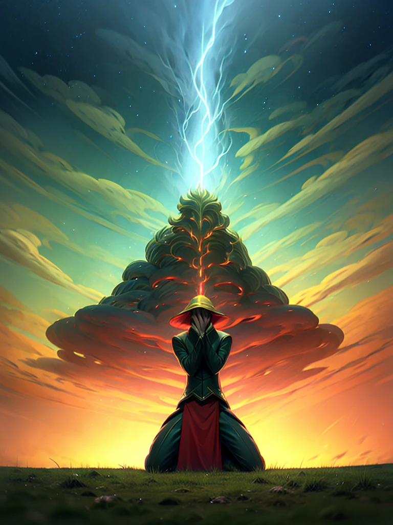In a green field, a man kneels piously praying and a red lion lurks in the distance
