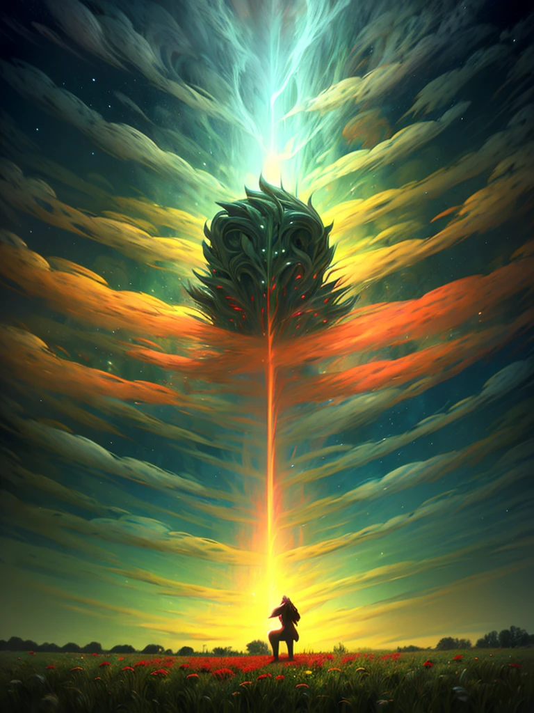 In a green field, a man kneels piously praying and a red lion lurks in the distance
