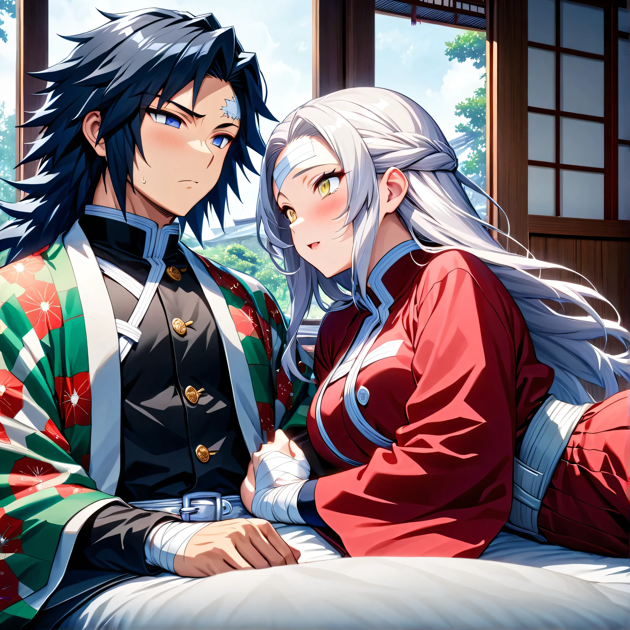 Ultra detailed, high resolution, absurd, HDR, masterpiece, anime man and woman, beautiful woman (with long white hair with deep red highlights, woman (with yellow eyes), haori, wearing anime uniform demon slayer body, Kimetsu No Yaiba, handsome Tomioka Giyu, Hashira, Tomioka lying hurt in bed, Tomioka has a bandage on his forehead, couple, Japanese house, best quality, extremely detailed face, anime, the girl is looking at Tomioka, she stays by his side, the girl have white hair with red highlights, Tomioka have more bandages then the girl