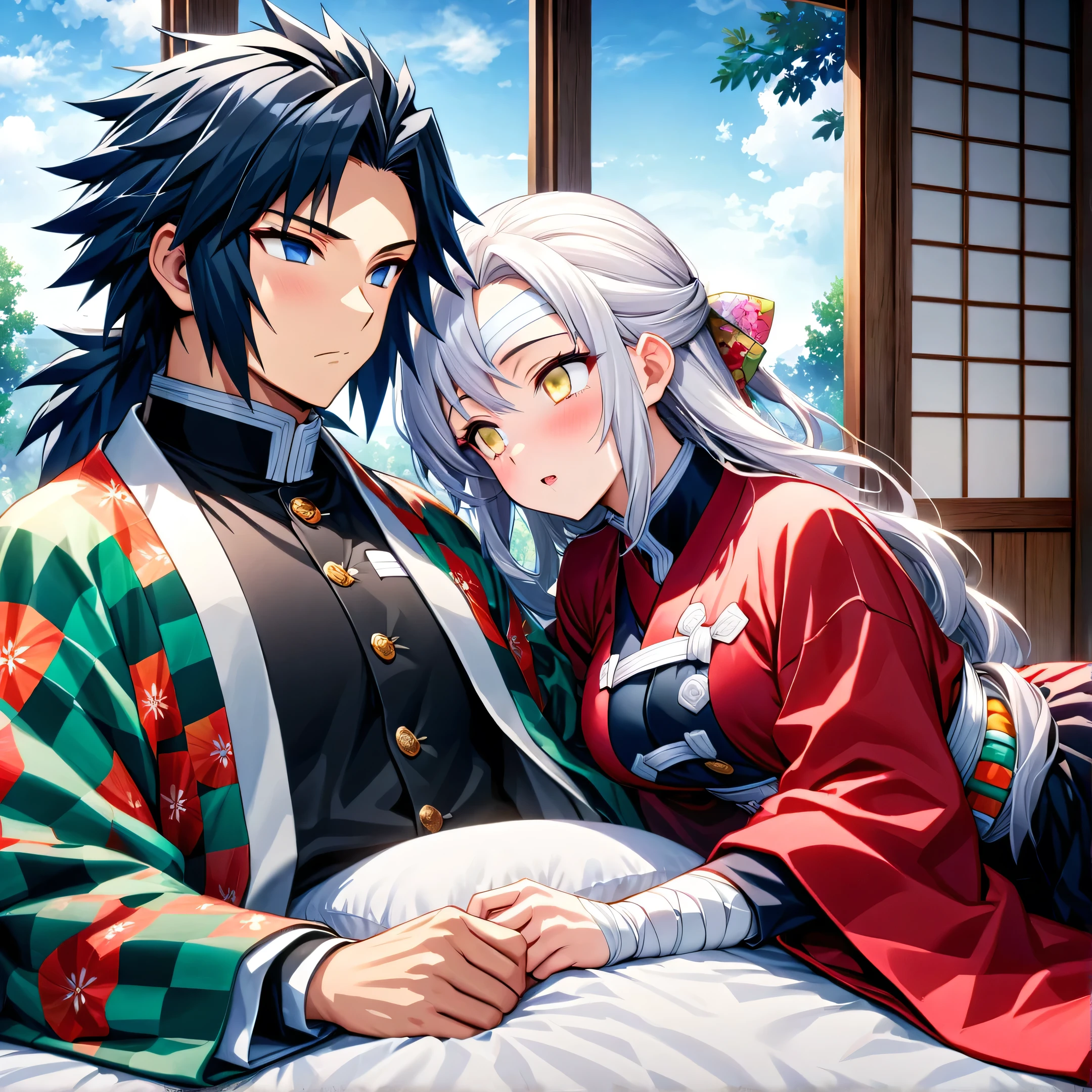 Ultra detailed, high resolution, absurd, HDR, masterpiece, anime man and woman, beautiful woman (with long white hair with deep red highlights, woman (with yellow eyes), haori, wearing anime uniform demon slayer body, Kimetsu No Yaiba, handsome Tomioka Giyu, Hashira, Tomioka lying hurt in bed, Tomioka has a bandage on his forehead, couple, Japanese house, best quality, extremely detailed face, anime, the girl is looking at Tomioka, she stays by his side, the girl have white hair with red highlights, Tomioka have more bandages then the girl