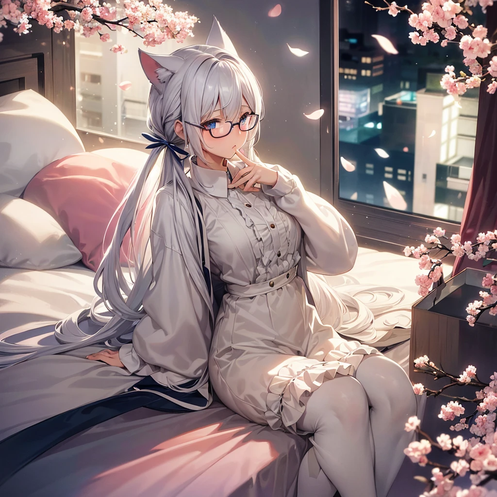 adult anime girl, white hair pigtails, ribbons, blushing, blue eyes, white cat ears, 8k, high res, 1 girl, good lighting, fine detail, bed rob, glasses, (masterpiece), perfect face, best quality, looking at view, flowers, petals, full body thick, sitting on bed

