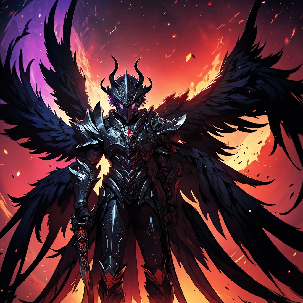 argus, red wings with black, fire wings, black armor with red edges, mythical sword, scene in crimson forest, escenario luna de blood, fire in the face, aurora of fire, purple background, fire in the wings, blood, luna de blood, blood en las alas, ultra hd, high quality, maximum quality, Fallen Angel,