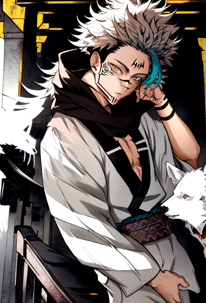white shirt, wearing a black sweatshirt with silver details , white tennis shoes with black details, black jeans, yellow and black eyes heterochromia, expression of calm, Messy hair , Medium length hair , 1 men , multicolored black and white hair ( focus on hair containing both colors) , two tone hair , dark skin color, in a western setting , with a torii (traditional japanese gate.) in front of you, on his side he has a wolf , with messy white fur, blue colored eyes