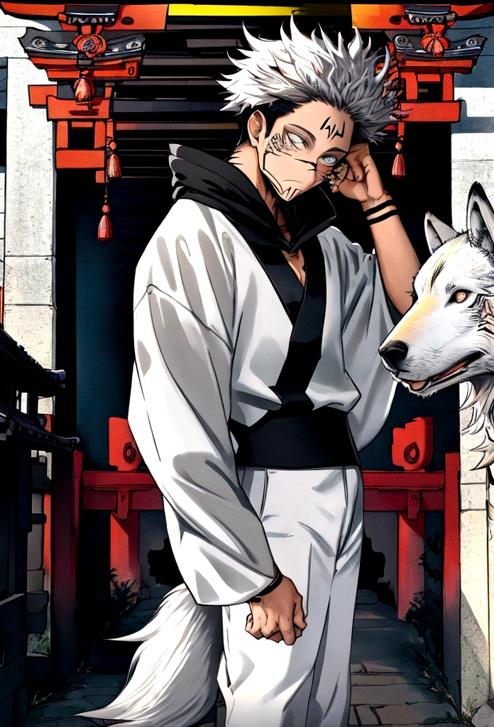 white  shirt, wearing a black sweatshirt with silver details , white tennis shoes with black details, black jeans, yellow and black eyes heterochromia, expression of calm, Messy hair , Medium length hair , 1 men , multicolored black and white hair ( focus on hair containing both colors) , two tone hair , dark skin color, in a western setting , with a torii (traditional japanese gate.) in front of you, on his side he has a wolf , with messy white fur, blue colored eyes