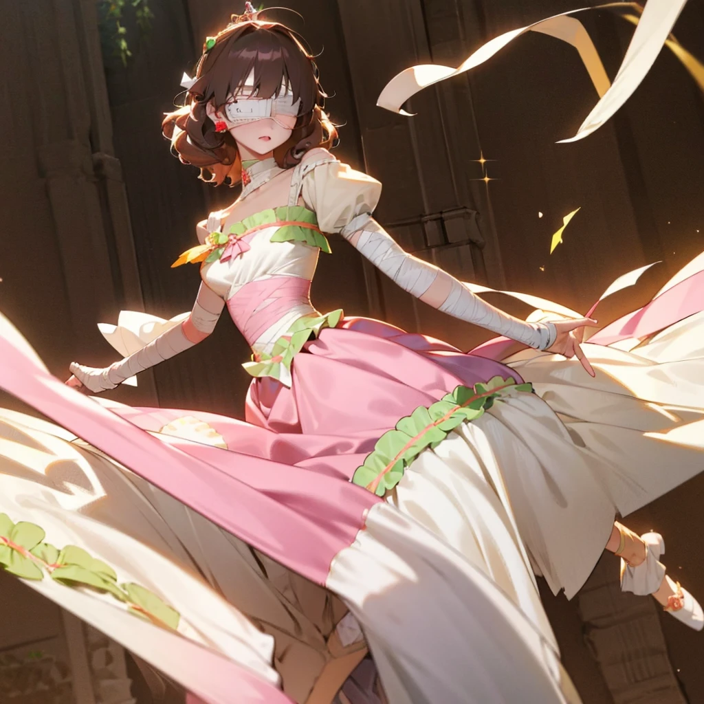 ((1Girl)) ((Princess)) ((Bandages)) ((Eye patch))
Long curly brunette hair, she has pale skin, with green eyes, she wears bandages covering her arms, and legs hiding the self-harm cuts and scars, she enjoys dressing in colorful princess dresses, usually wearing bright pinks, or yellows, she has an eyepatch on over her right eye due to having her right eye taken from here by her father, the king, she wears light makeup, she likes wearing ruffle socks, and slip on shoes, her knees are usually covered in dirt, she is 20 years old, and 5’0