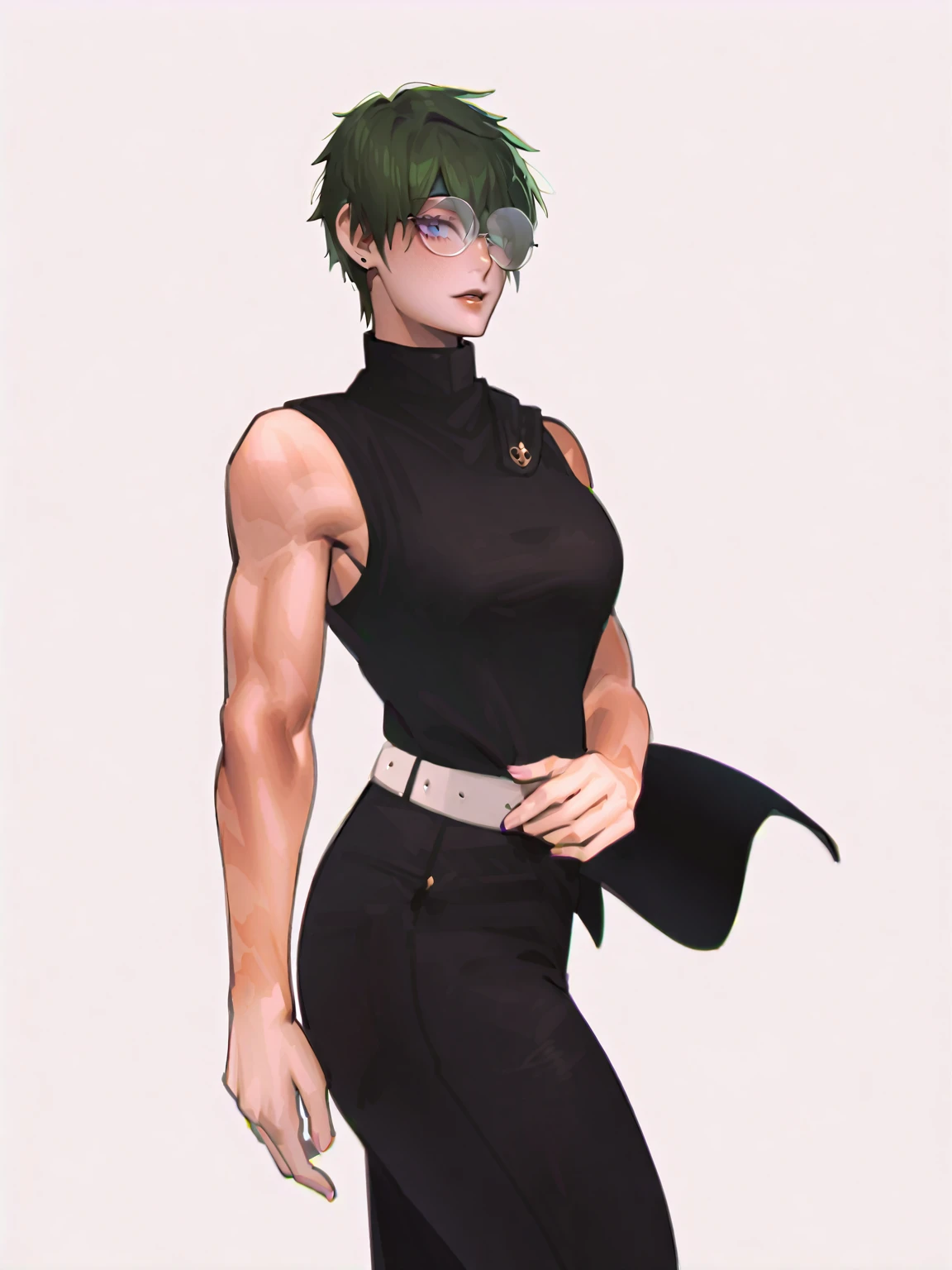 MakiShS1, solo, scar, short hair, 1girl, scar on face, looking at viewer, glasses, burn scar, green hair, sleeveless, belt, pants, bangs, cowboy shot,  shirt, muscular, bandages, round eyewear, bandage over one eye, normal breasts, bare shoulders, closed mouth, muscular female, turtleneck, yellow eyes, black pants, black shirt, scar on arm, parted lips, black clothes, sleeveless shirt, high-waist pants, suicide, almost die, BREAK
masterpiece, best quality, highly detailed background, perfect lightingbest quality, ((shiny skin, glossy skin, detailed skin))