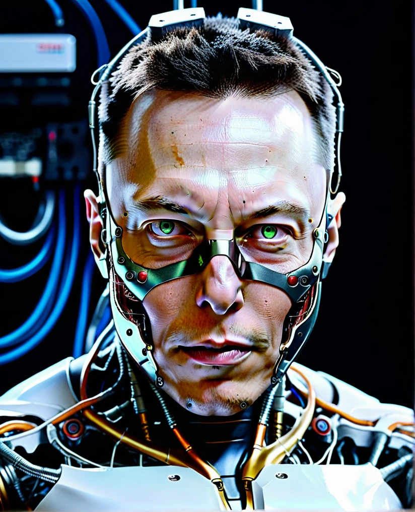 elon musk, high quality, cyborg, android, hyperrealistic, hyperdetailed, lots of components and wires