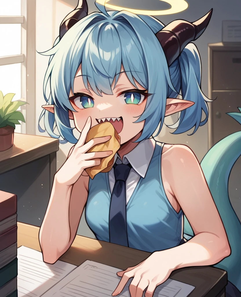 momoka, halo, short twintails, horns, bright pupils, ahoge, pointy ears, (dragon tail:1.1), collared dress, sleeveless dress, necktie, small breasts, (pointing at viewer:1.035), BREAK laughing, covering mouth, hand to own mouth, sharp teeth, (smug:1.2), :d, open mouth, , indoors, office, sitting on desk, holding food, (bag of chips:0.7),