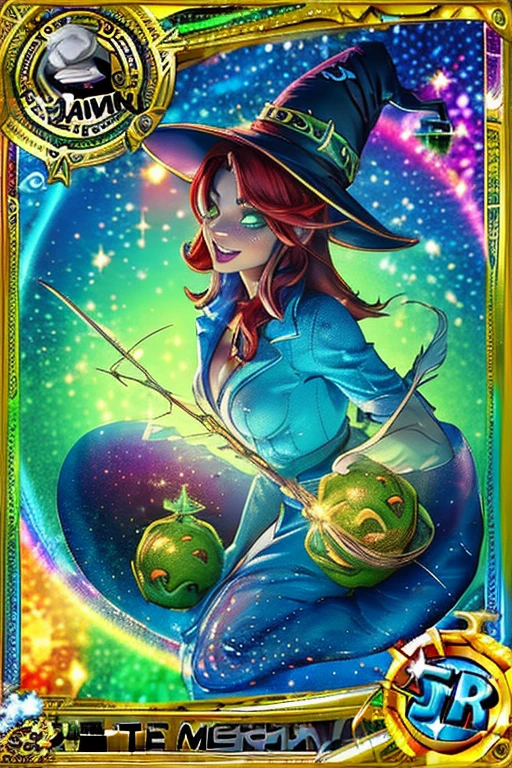 Trading card of A perfect photorealistic(RENDER512:1.1) of a cheerful witch in a cone-shaped hat, (green eyes:1.2), red hair, (green elbow-length gloves:1.2), potions shop, magical interior, working environment, there are magical vibes fluids and magical sparks in the air, Eszter Mattioni, digital art in the jaw dropping of (goosebumps art by tim jacobus:1.43):(3D BEEPLE STYLE:0.333) BY(Dr.Suess, ALEX GREY)! 8 k, 32 k, HDR, foodphoto, conceptual art