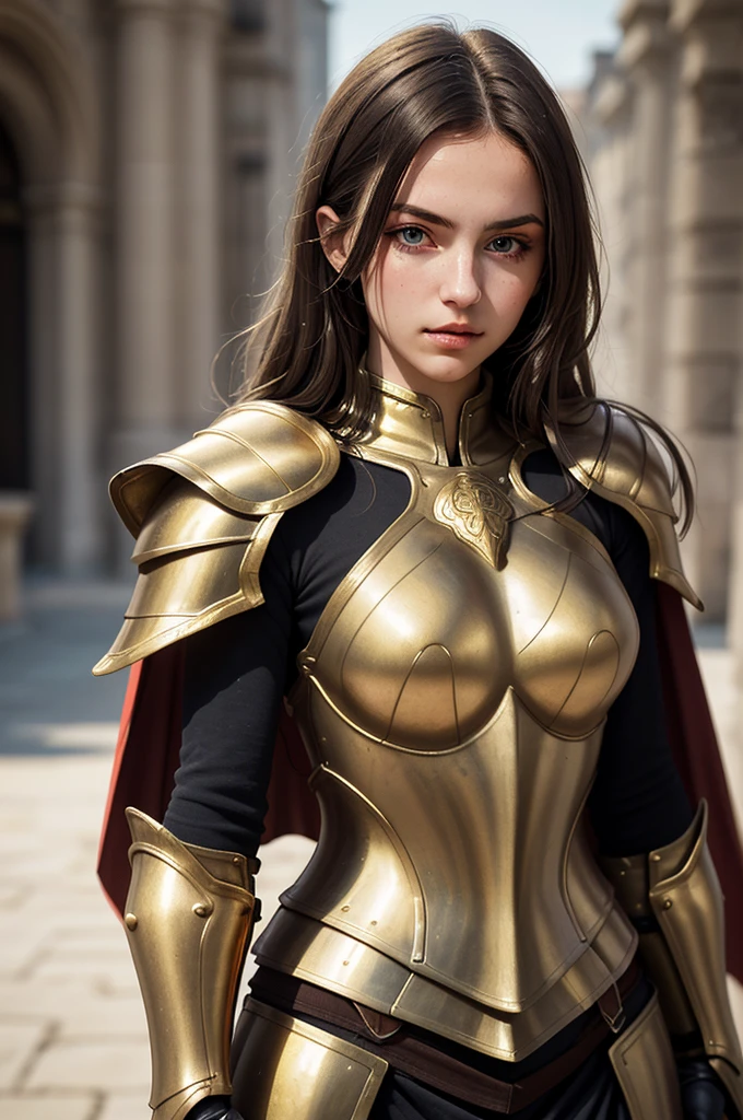 (best quality, masterpiece:1.3), 1 woman, 22 year old, Warrior, sword, armor, upper body, AnjelikaV2, royal, cape, regard détermné, parted lips, film grain, blurry foreground, gold armor, a lot of details, turtle designed armor