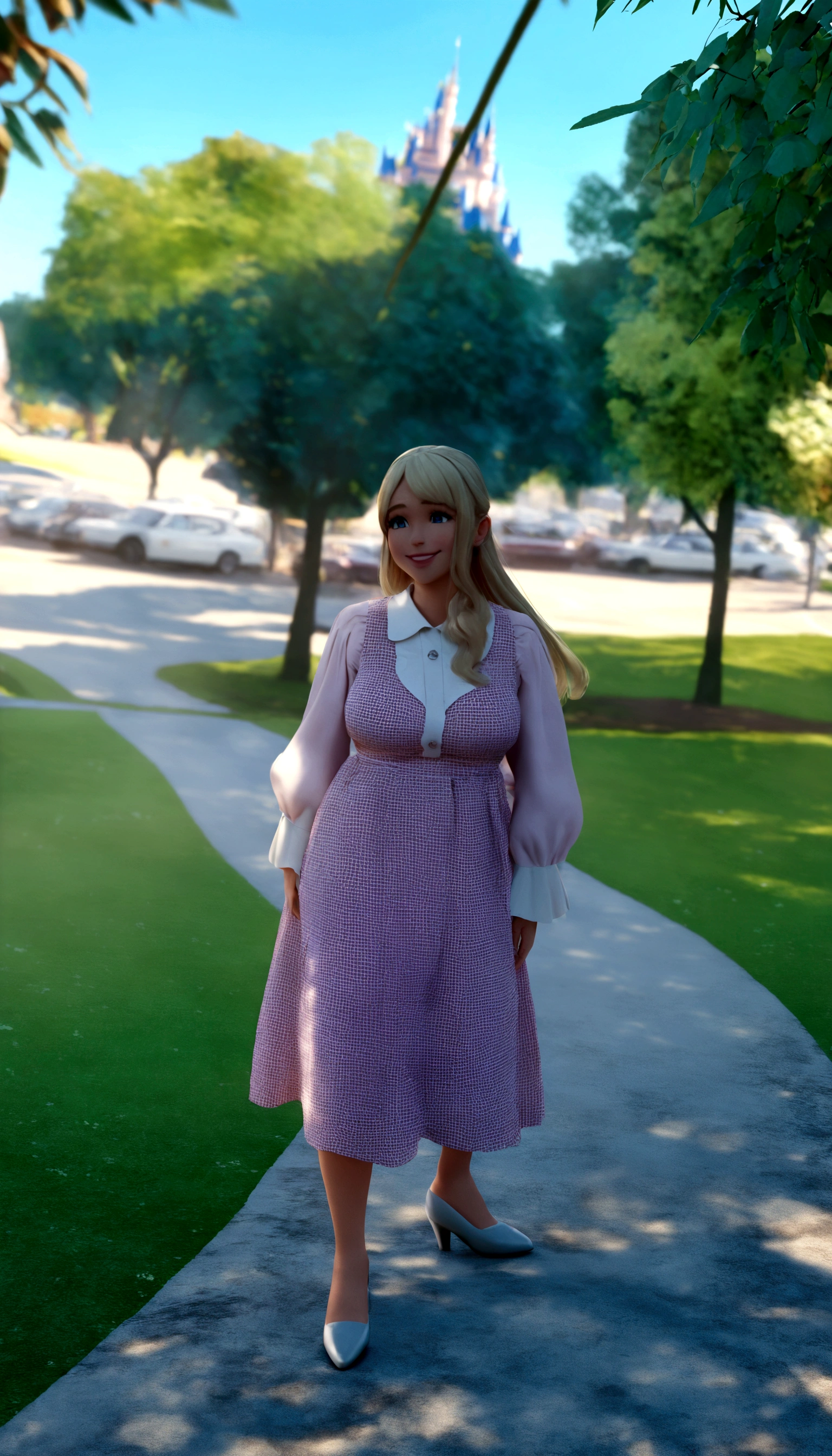 A 3D Disney Pixar movie cover, in the image a girl with blonde hair, wearing a pink dress and high heels, the scene walks along a road in paradise full of flowering trees and a castle in the background. The one is smiling. (Disney pixar 3d) (highest quallity) (