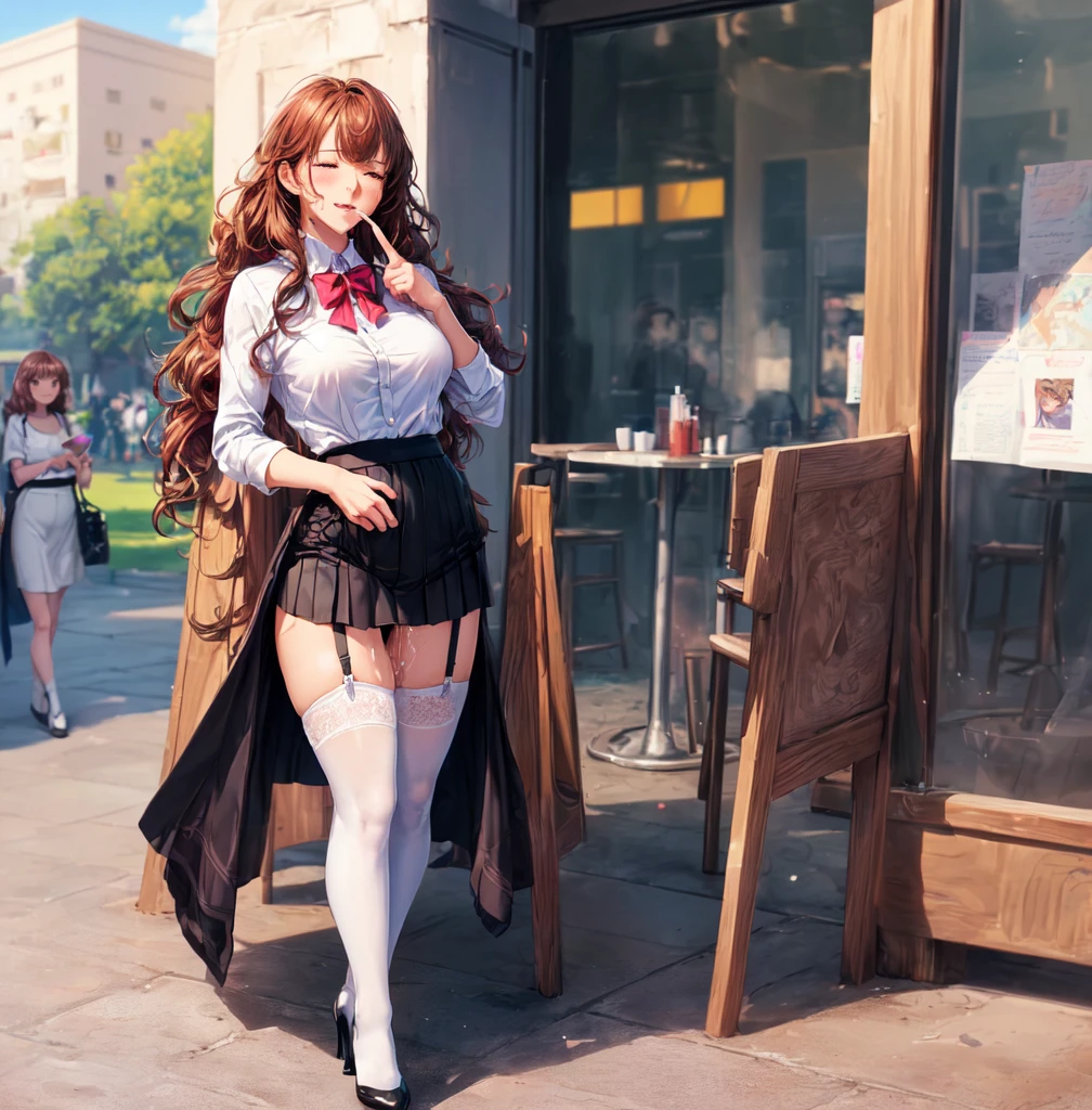 (((masterpiece, Highest quality, High resolution, 超High resolution, Perfect Pixel, Depth of written boundary, 4K, RTTX 10.0))), Beautiful Anime Women, Beautiful art style, Anime characters, ((Smooth texture, Realistic texture, Anime CG Style)), Exact finger count、Exact number of legs、(Exact number of arms:1.0, Exact number of hands:1.0), (Perfect hands, Perfect Anatomy), Cinematic, Realistic, Extremely detailed CG, Daytime lighting, Perfect lighting, Best Shadow, The best natural light, whole body, Perfect body, バランのとれたPerfect body, Perfectly balanced style, (Slender body:1.2), ((Long Hair, bangs, Reddish brown hair, Wavy hair)), ((One cute girl is standing, lifting her skirt and putting her hand in her panties, about to cum:1.8), (Put one hand in your panties:1.8), (fingering:1.8):1.3), ((Bow tie around neck, High heels:1.3), (Sexy and cute pink underwear:1.3), (Stylish shiny pink satin panties, Side-tie pink panties, Panties with a plain center and lace decoration on the sides:1.3), (Thin panties:1.3), (White dress, Short skirt, thin clothes:1.3), (garter belt, Knee socks:1.3):1.3), (Beautiful big boobs:1.1), ((Embarrassed expression:1.4), blush, (sexual pleasure expression, Pleasant expression:1.5), (The expression of someone who is holding in the toilet:1.4), (Look up, Mouth half open, Eyes half closed:1.2), Limit of patience:1.3), (amusement park, Inside the bustling park, Chair, table, Lots of people in the background々, Outdoor cafe:1.5), naked, In underwear, whole body, Angle from below
