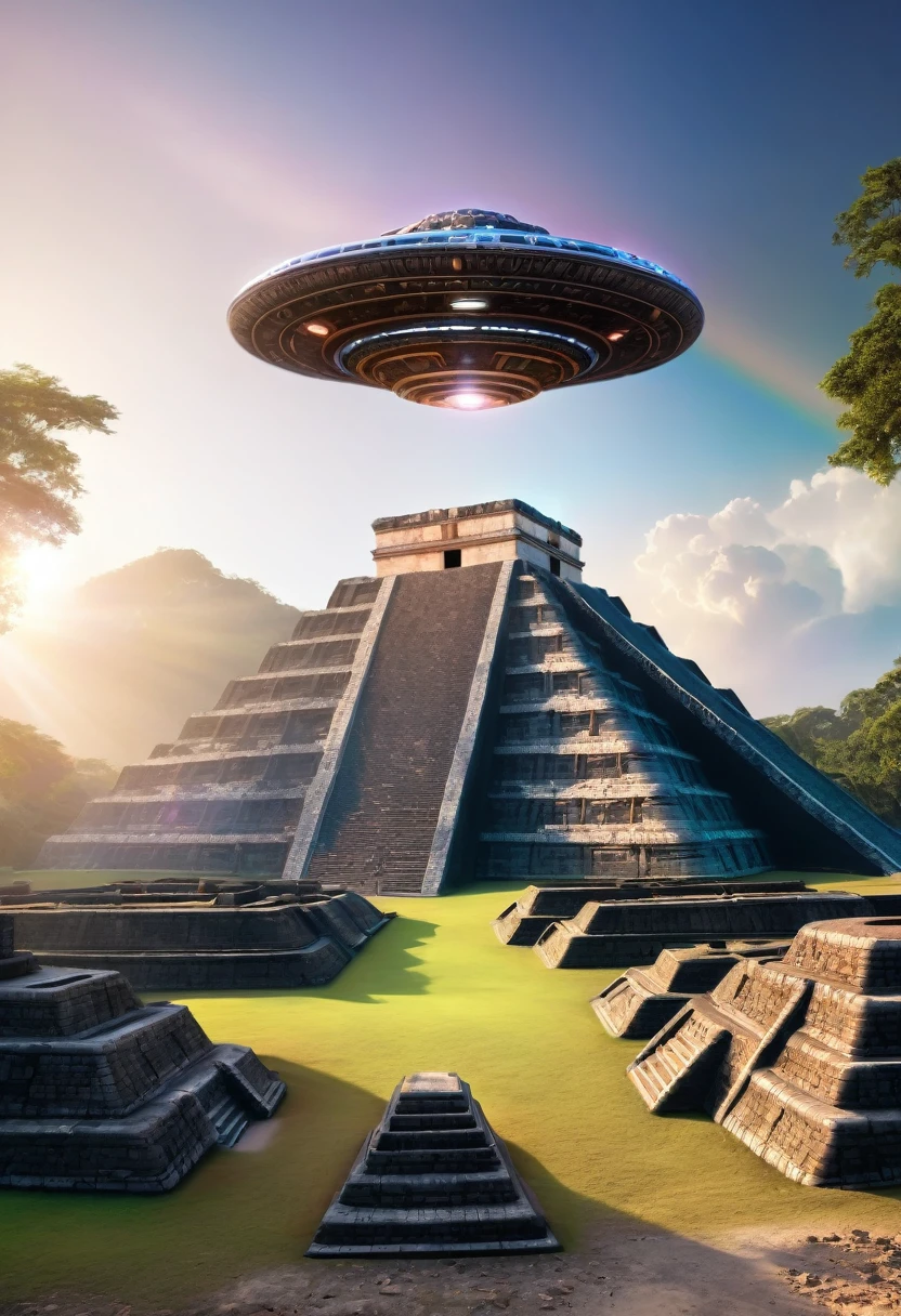 Ancient Mayan ruins, a fossilized ufo was discovered, HDR, vibrant contrast, 32k resolution, luminism lighting techniques, ultra-realistic digital render, bokeh, mass effect, close up black, beauty, pure perfection, divine presence, unforgettable, impressive, breathtaking beauty, Volumetric light, auras, rays, 8k uhd, dslr, soft lighting, high quality, natural textures 8k masterpiece canon eos r4s 50