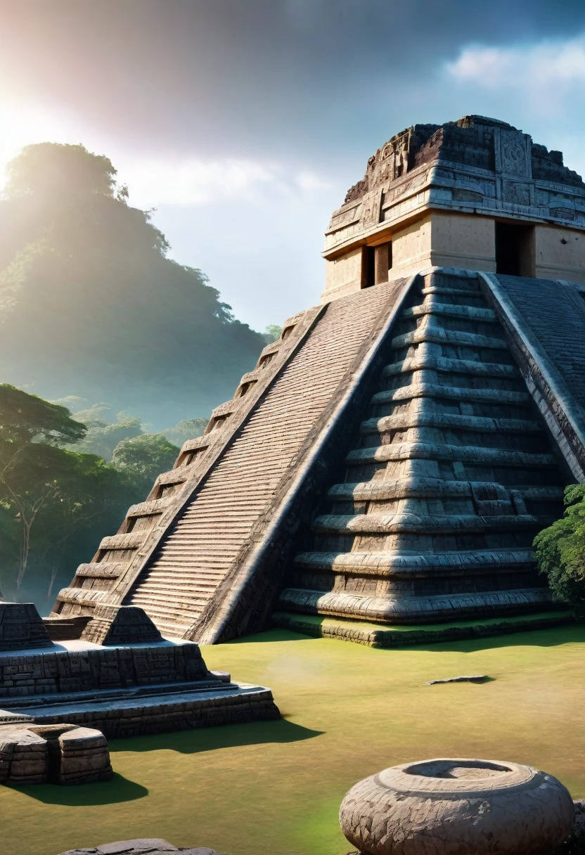 Ancient Mayan ruins, a fossilized ufo was discovered, HDR, vibrant contrast, 32k resolution, luminism lighting techniques, ultra-realistic digital render, bokeh, mass effect, close up black, beauty, pure perfection, divine presence, unforgettable, impressive, breathtaking beauty, Volumetric light, auras, rays, 8k uhd, dslr, soft lighting, high quality, natural textures 8k masterpiece canon eos r4s 50