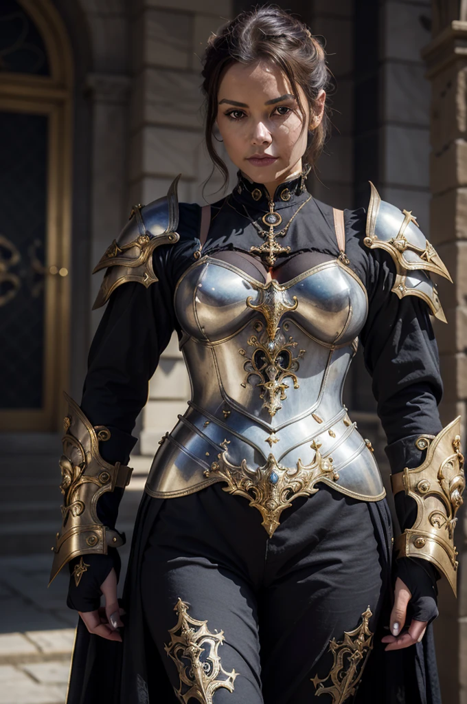 a close up of a woman in armor with a sword, stunning armor, wearing fantasy armor, very stylish fantasy armor, gold heavy armor. dramatic, beautiful armor, fantasy armor, black and gold armor, gothic armor, wearing ornate armor, intricate armour costumes, female armor, ornate gothic armor, ornate , wearing louis vuitton armor, girl in knight armor