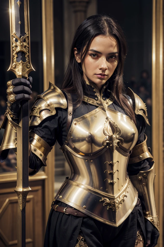 a close up of a woman in armor with a sword, stunning armor, wearing fantasy armor, very stylish fantasy armor, gold heavy armor. dramatic, beautiful armor, fantasy armor, black and gold armor, gothic armor, wearing ornate armor, intricate armour costumes, female armor, ornate gothic armor, ornate , wearing louis vuitton armor, girl in knight armor