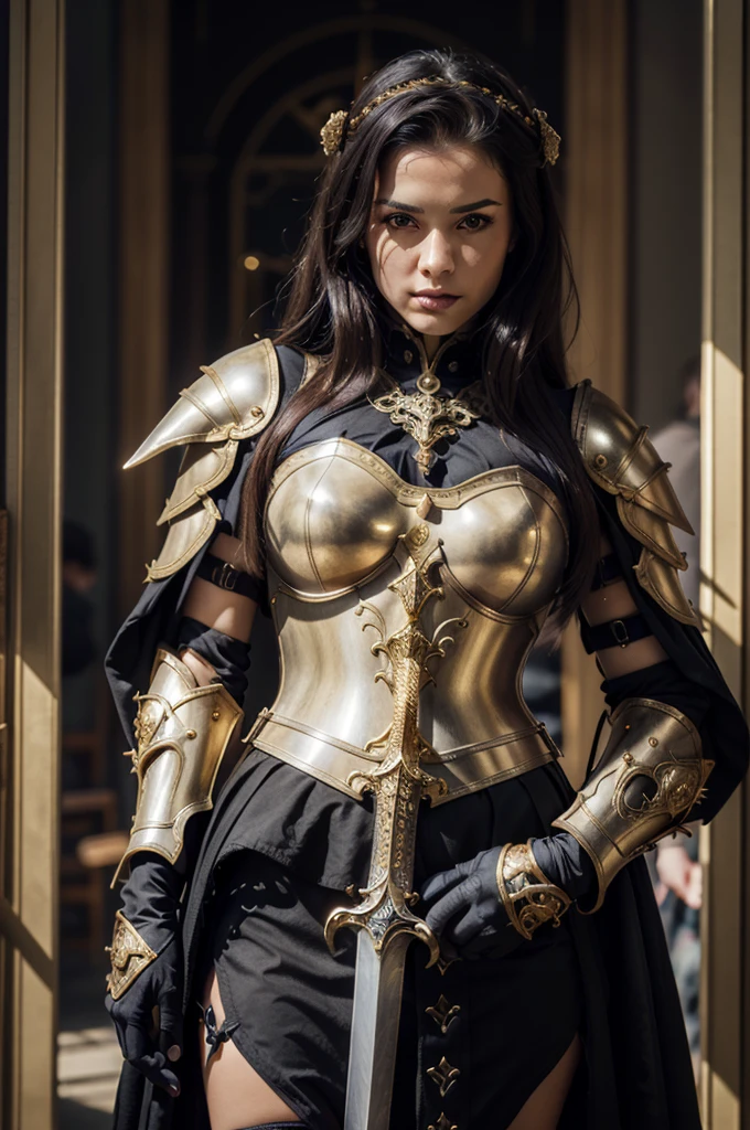 a close up of a woman in armor with a sword, stunning armor, wearing fantasy armor, very stylish fantasy armor, gold heavy armor. dramatic, beautiful armor, fantasy armor, black and gold armor, gothic armor, wearing ornate armor, intricate armour costumes, female armor, ornate gothic armor, ornate , wearing louis vuitton armor, girl in knight armor