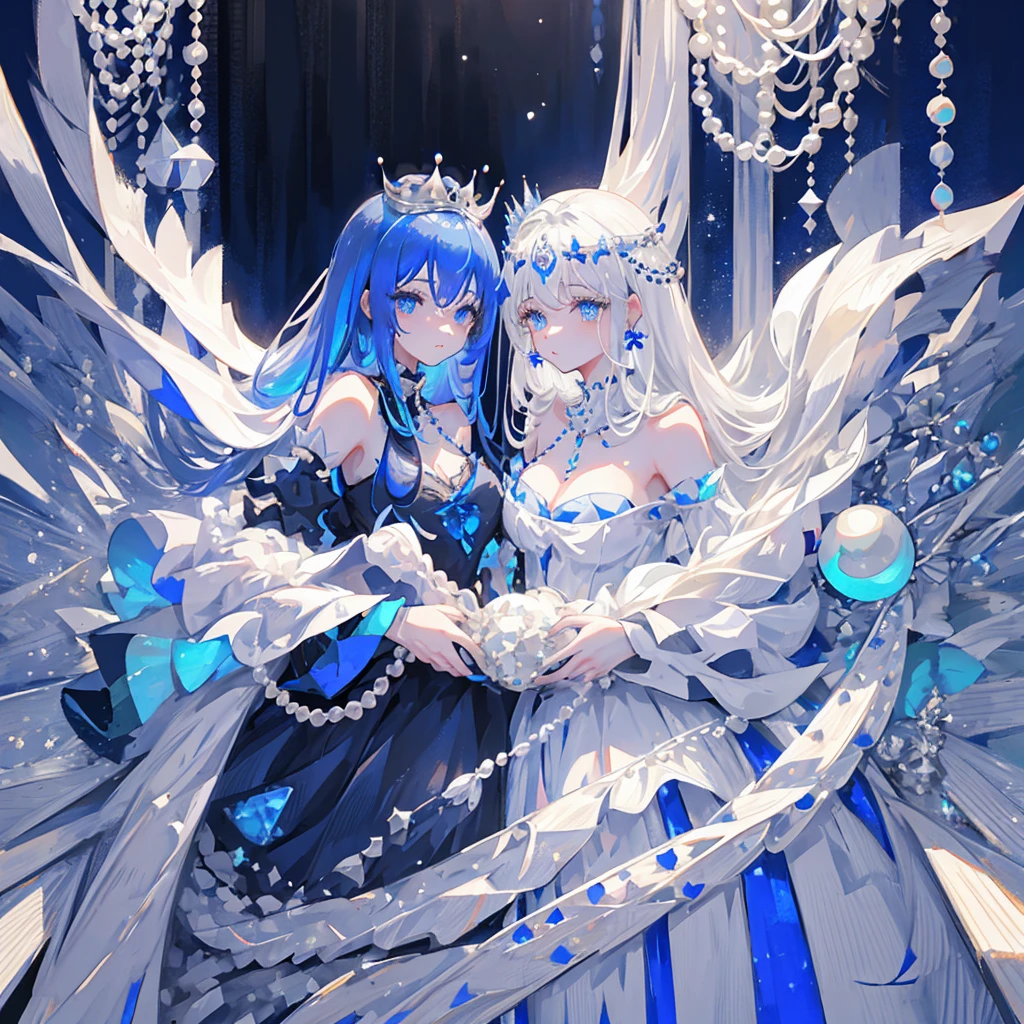 Princess, long shiny Silver hair fading into a royal
blue colour with pearls, two bows on the head one
having a moon in the middle having pearls at the
edges, a dark blue dress covered in pearls, a moon
on the torso piece, two dark blue Hand accessories
being with pearls, and soft expression, an crown
on the head with pearls and a moon in the middle,
pearls hanging from the clothingcrown out of pearls, eyes royal blue very Detailed,
waistbow out of pearls, diamonds making everything
shine, shiny Silver long hair fading into and royal blue
color, Black dress with diamonds in the corner of the
dress, one person