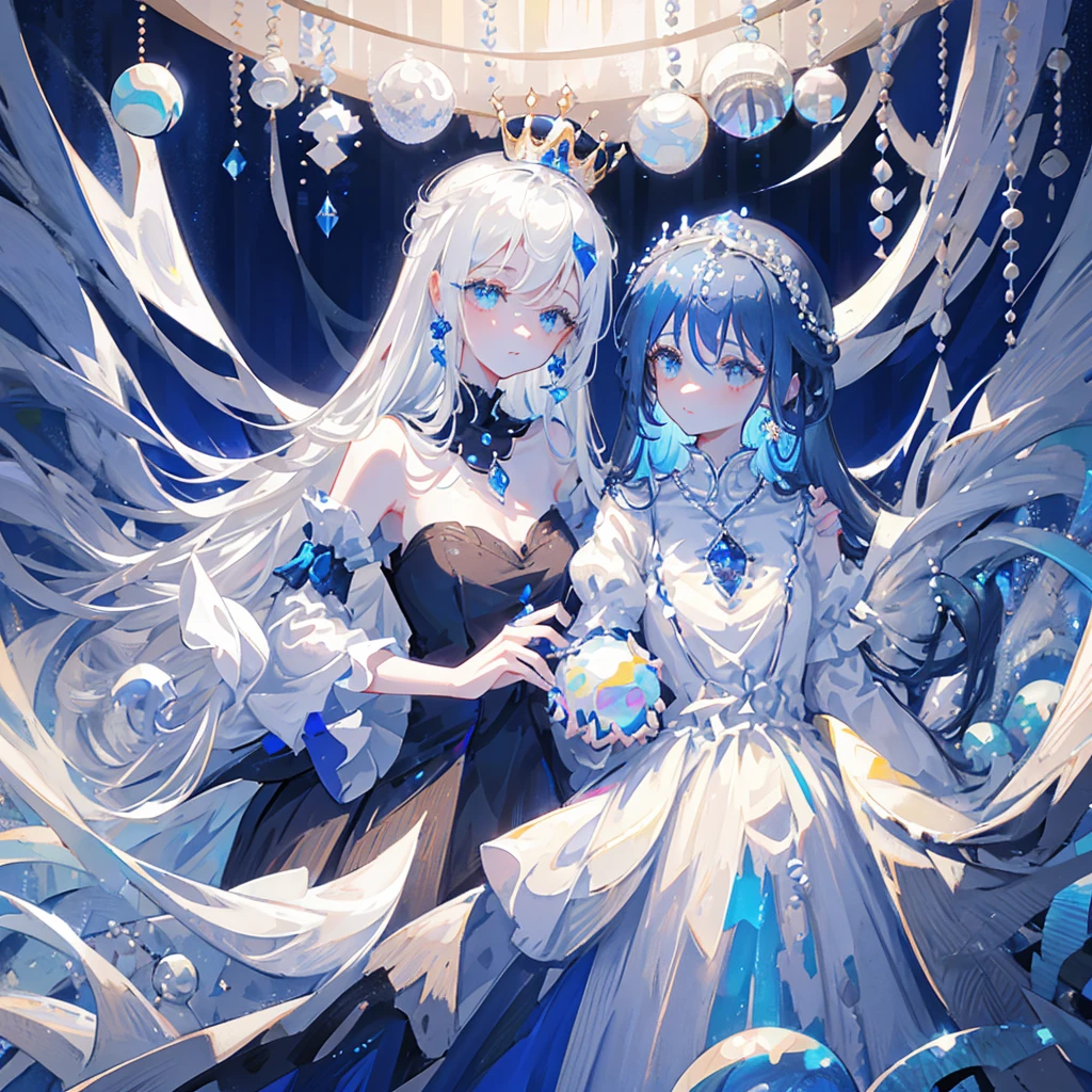 Princess, long shiny Silver hair fading into a royal
blue colour with pearls, two bows on the head one
having a moon in the middle having pearls at the
edges, a dark blue dress covered in pearls, a moon
on the torso piece, two dark blue Hand accessories
being with pearls, and soft expression, an crown
on the head with pearls and a moon in the middle,
pearls hanging from the clothingcrown out of pearls, eyes royal blue very Detailed,
waistbow out of pearls, diamonds making everything
shine, shiny Silver long hair fading into and royal blue
color, Black dress with diamonds in the corner of the
dress, one person